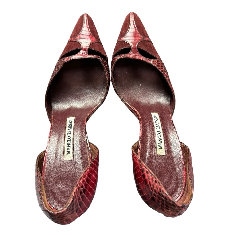 MANOLO BLAHNIK Burgundy D’Orsay Heels Pumps with Suede, Crocodile, Size 8 US​​​ - Picture 4 of 11